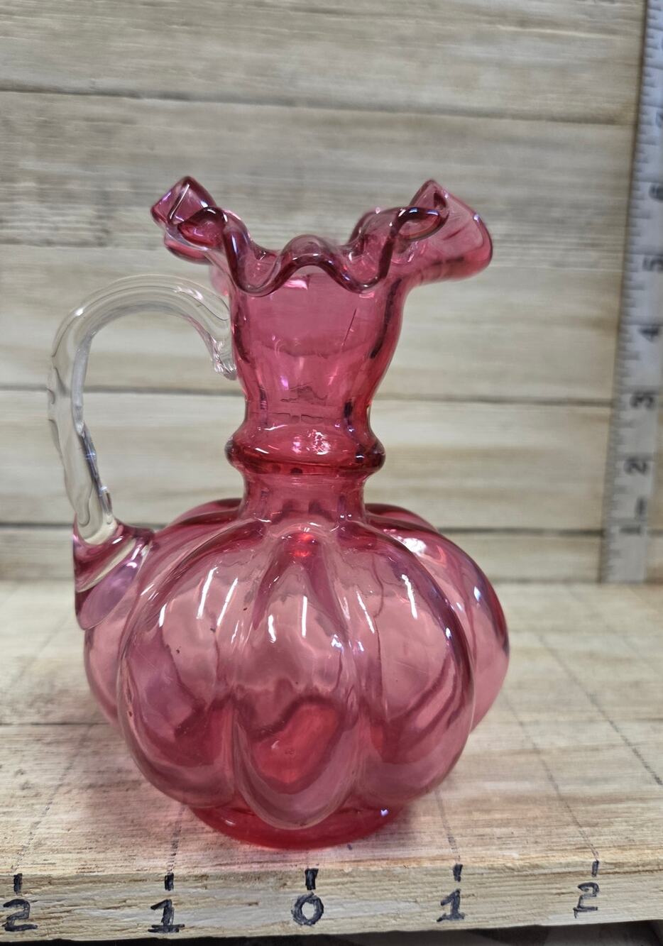 Fenton Cranberry Melon Optic Mini Pitcher Ruffled Rim Applied Clear Handle Vase
